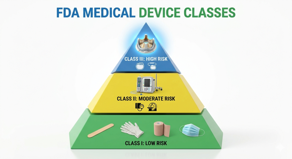 3D pyramid diagram showing FDA Class I, II, and III medical device categories with example products.