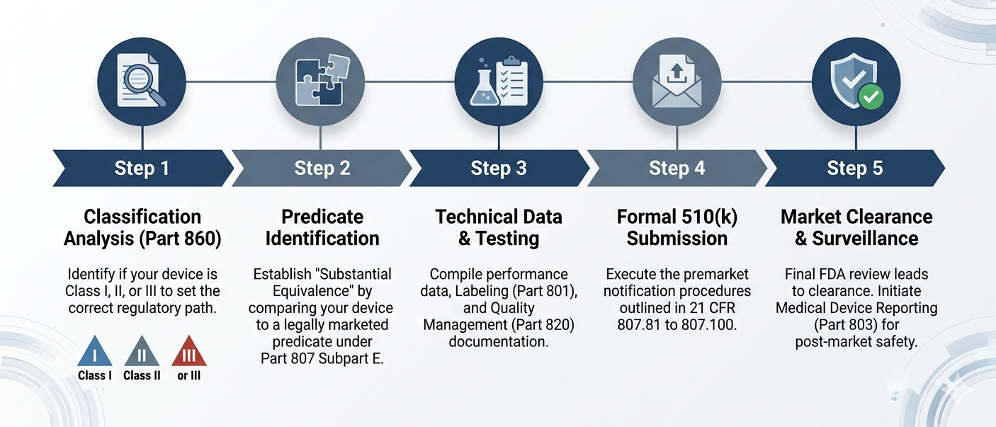 Infographic showing the 5-step FDA 510(k) submission timeline for medical device manufacturers, created by Satori One Click Solutions LLP