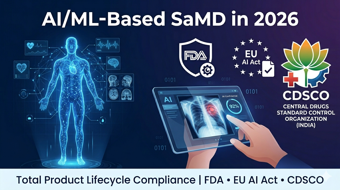 medical device, AI, SaMD, software as a medical device, FDA, EU AI Act, CDSCO, artificial intelligence, machine learning, total product lifecycle, TPLC, PCCP, regulatory compliance, medical technology, diagnostic AI, clinical decision support, India, USA, Europe, global regulation, futuristic, professional, corporate, trustworthy, healthcare technology, digital health, algorithm validation, bias analysis, post-market surveillance, human oversight, 2026